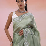Antique Jade Organza Tissue Saree With Fancy Border