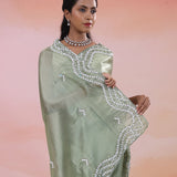 Antique Jade Organza Tissue Saree With Fancy Border