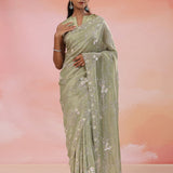 Herbal Sage Green Organza Tissue Saree With Scallop Border