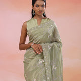 Herbal Sage Green Organza Tissue Saree With Scallop Border