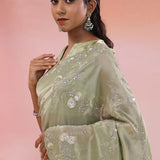 Herbal Sage Green Organza Tissue Saree With Scallop Border