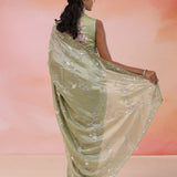 Herbal Sage Green Organza Tissue Saree With Scallop Border