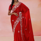 Red Oxide Satin Crepe Saree With Fancy Border