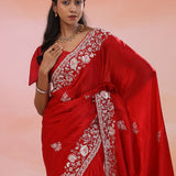 Red Oxide Satin Crepe Saree With Fancy Border