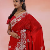 Red Oxide Satin Crepe Saree With Fancy Border