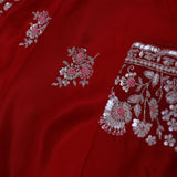 Red Oxide Satin Crepe Saree With Fancy Border