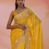 Yellow Satin Crepe Saree With Fancy Border