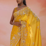 Yellow Satin Crepe Saree With Fancy Border