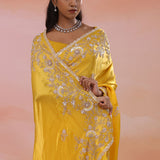 Yellow Satin Crepe Saree With Fancy Border