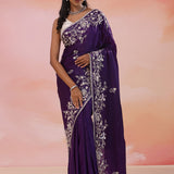 Dark Purple Satin Crepe Saree With Fancy Border