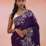 Dark Purple Satin Crepe Saree With Fancy Border