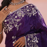 Dark Purple Satin Crepe Saree With Fancy Border