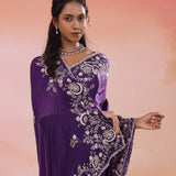 Dark Purple Satin Crepe Saree With Fancy Border