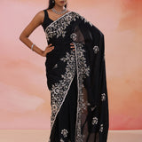 Black Satin Silk Saree With Sequin And Cutdana Work