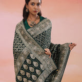 Racing Green Banarasi Georgette Saree With Sequins Work