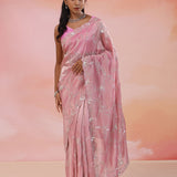 Opera Mauve Pink Georgette Tissue Saree With Scallop Border