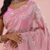 Opera Mauve Pink Georgette Tissue Saree With Scallop Border
