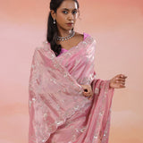 Opera Mauve Pink Georgette Tissue Saree With Scallop Border
