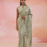 Flax Smoke Yellow Georgette Tissue Saree With Scallop Border