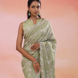 Flax Smoke Yellow Georgette Tissue Saree With Scallop Border