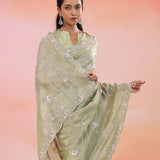 Flax Smoke Yellow Georgette Tissue Saree With Scallop Border