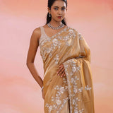 Pale Taupe Georgette Tissue Saree With Scallop Border