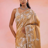 Pale Taupe Georgette Tissue Saree With Scallop Border