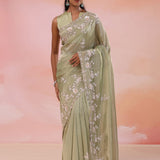 Earthy Sage Green Georgette Tissue Saree With Scallop Border