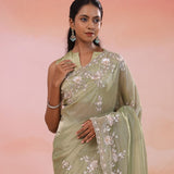 Earthy Sage Green Georgette Tissue Saree With Scallop Border