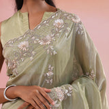 Earthy Sage Green Georgette Tissue Saree With Scallop Border