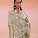 Earthy Sage Green Georgette Tissue Saree With Scallop Border
