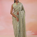 Sage Green Georgette Tissue Saree With Scallop Border
