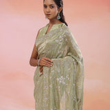 Sage Green Georgette Tissue Saree With Scallop Border