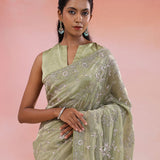 Sage Green Georgette Tissue Saree With Scallop Border