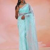 Moonstone Blue Organza Tissue Saree With Embroidery Work