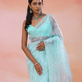 Moonstone Blue Organza Tissue Saree With Embroidery Work