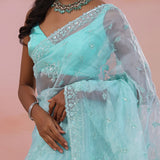 Moonstone Blue Organza Tissue Saree With Embroidery Work