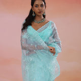 Moonstone Blue Organza Tissue Saree With Embroidery Work