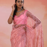 Turkish Pink Organza Tissue Saree With Embroidery Work