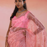 Turkish Pink Organza Tissue Saree With Embroidery Work