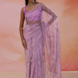 Dusty Lavender Organza Tissue Saree With Embroidery Work
