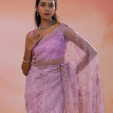 Dusty Lavender Organza Tissue Saree With Embroidery Work