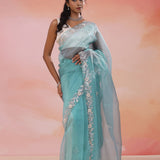 Horizon Blue Cyan Organza Tissue Saree With Scallop Border