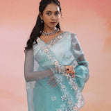 Horizon Blue Cyan Organza Tissue Saree With Scallop Border