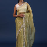 Dusty Green Organza Saree With Sequin Work