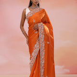Rusty Red Satin Crepe Saree With Fancy Border