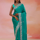 Persian Green Satin Crepe Saree With Fancy Border
