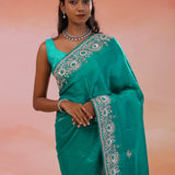 Persian Green Satin Crepe Saree With Fancy Border