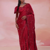 Claret Red Satin Crepe Saree With Sequins Work