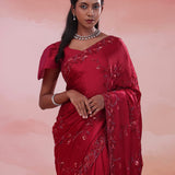 Claret Red Satin Crepe Saree With Sequins Work